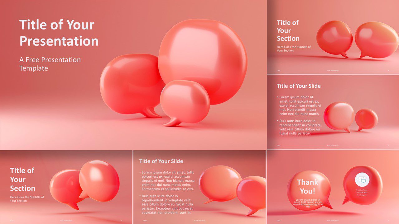 Preview of the Blush Speech Bubble Template for PowerPoint and Google Slides with 6 slides and a prominent cover slide