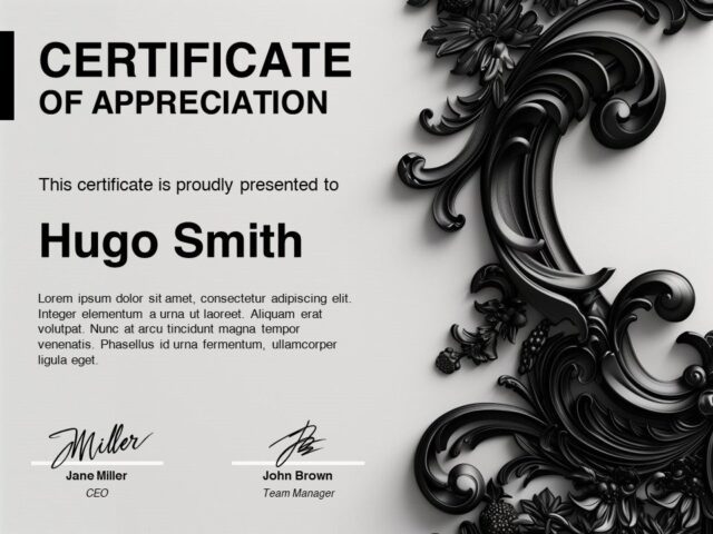 Illustrated Example of Ebony Scrollwork Elegance Certificate Template Example of the Ebony Scrollwork Elegance Certificate Template, showcasing a modern frame with a picture placeholder and refined black and white scrollwork design.