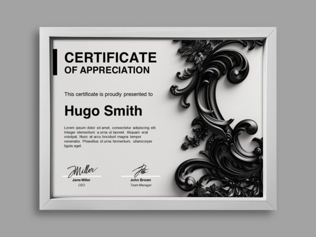 Ebony Scrollwork Elegance Certificate Template for PowerPoint Preview of the Ebony Scrollwork Elegance Certificate Template for PowerPoint and Google Slides, featuring an elegant black and white floral scrollwork design.