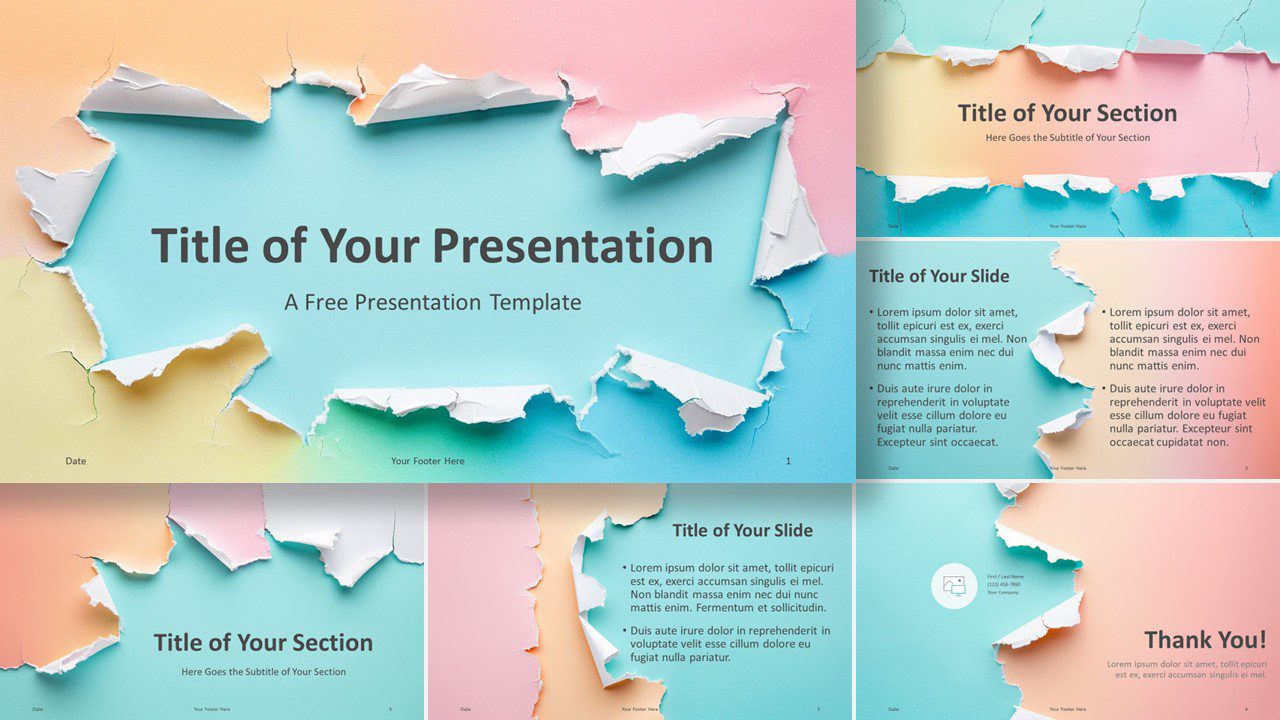 A preview of the Gradient Sunset Torn Paper Template for PowerPoint and Google Slides showing a set of six slides, including the cover slide.