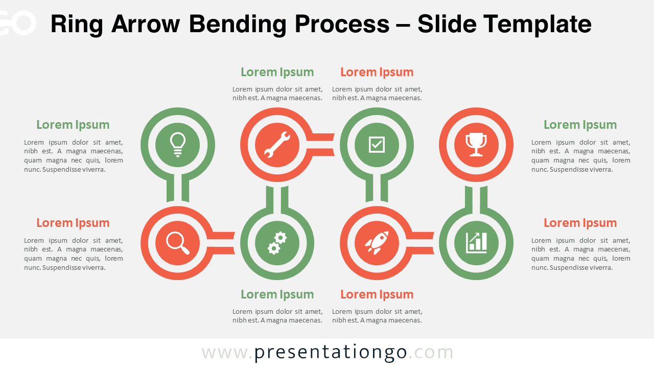 Ring Arrow Bending Process template with a light background, featuring an 8-step process diagram with connected circular elements, icons, and text blocks.