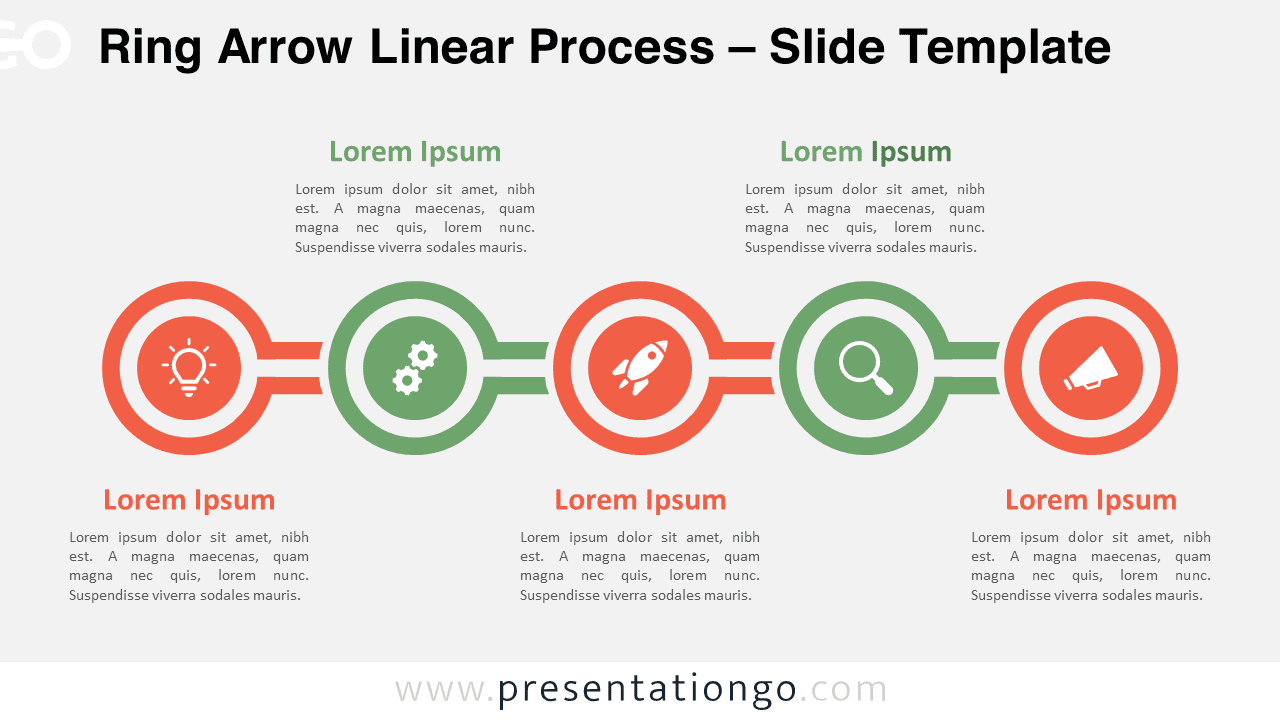 Preview of the Ring Arrow Linear Process template slide with a light background for PowerPoint & Google Slides, featuring five interconnected circular nodes.