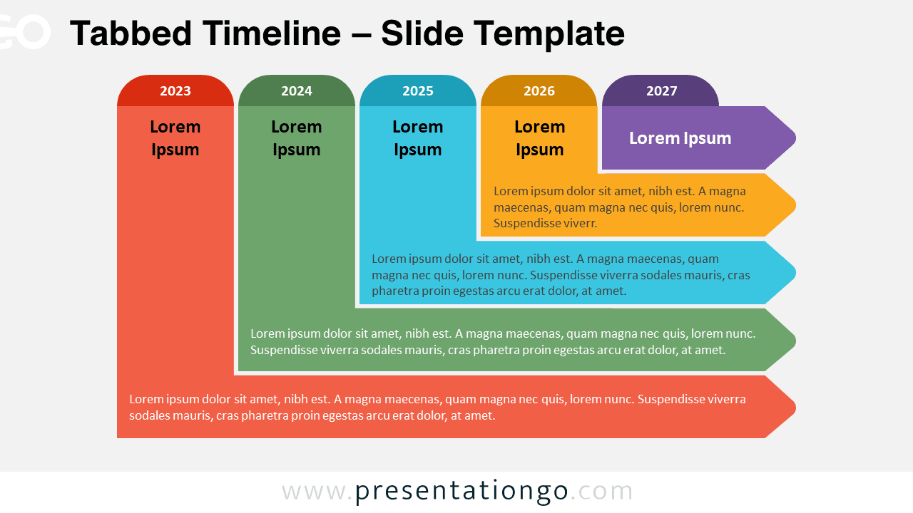 Tabbed Timeline template slide with a light background for PowerPoint and Google Slides, showing five L-shaped tabs for chronological events