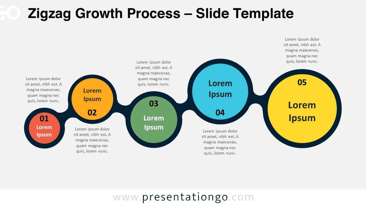 Zigzag Growth Process template slide with a light background for PowerPoint and Google Slides, showcasing five interconnected steps in an alternating zigzag pattern.