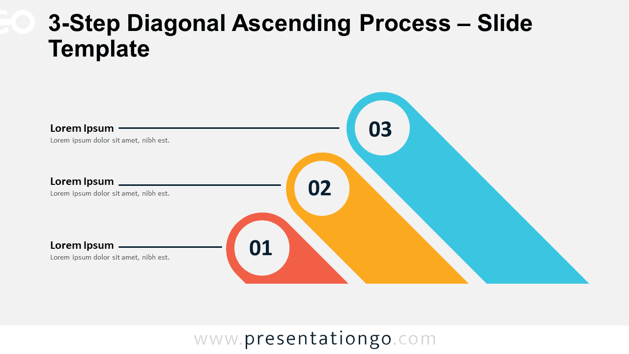 Preview of the 3-Step Diagonal Ascending Process template for PowerPoint & Google Slides with a light background, illustrating a clear and logical step-by-step process.