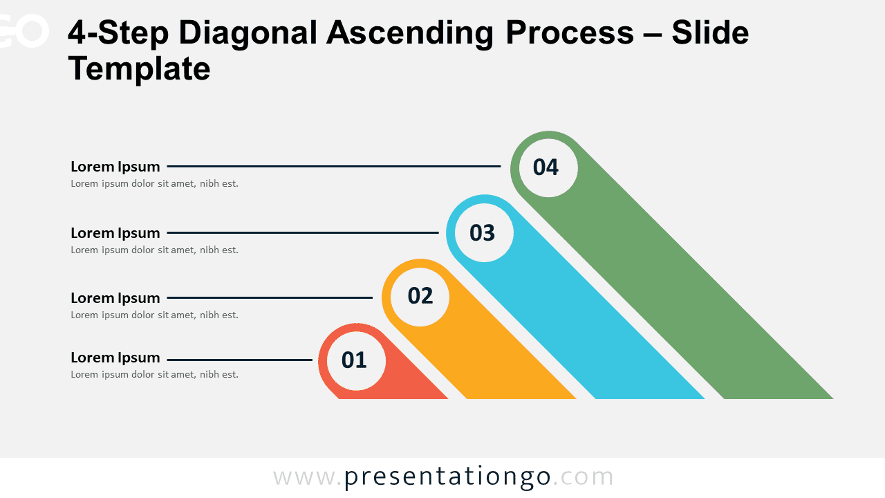 Preview of the 4-Step Diagonal Ascending Process template slide with a light background, available for PowerPoint and Google Slides, illustrating a clear and organized four-step progression.
