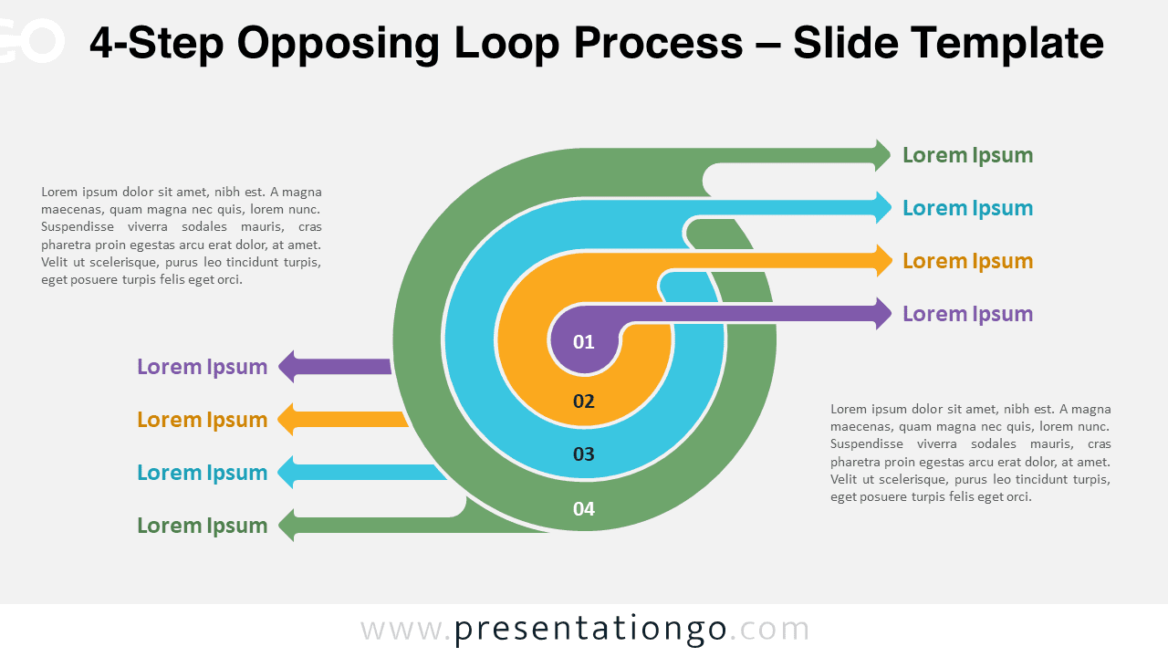 Preview of the 4-Step Opposing Loop Process template with a light background for PowerPoint and Google Slides, featuring four steps in a bidirectional loop.