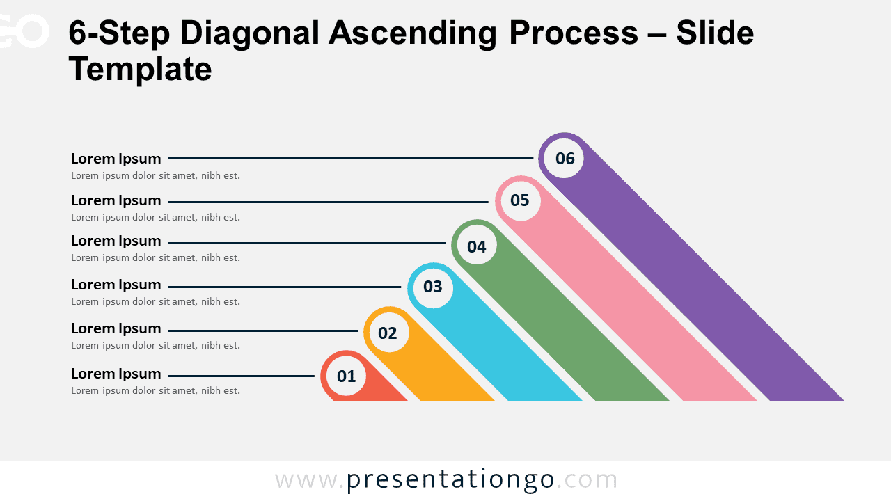 5-Step Diagonal Ascending Process template slide with a light background for PowerPoint & Google Slides, illustrating five ascending steps with connected text.