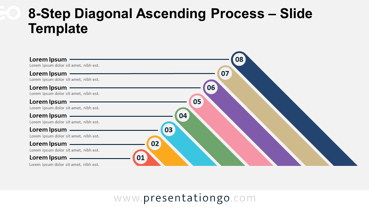 Preview of the 8-Step Diagonal Ascending Process template for PowerPoint and Google Slides with a light background, displaying the ascending blocks and connected text.
