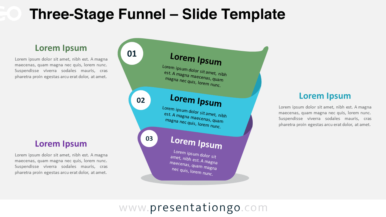 Three-Stage Funnel template slide with light background for PowerPoint & Google Slides, featuring two steps with numbered indicators and placeholder text.