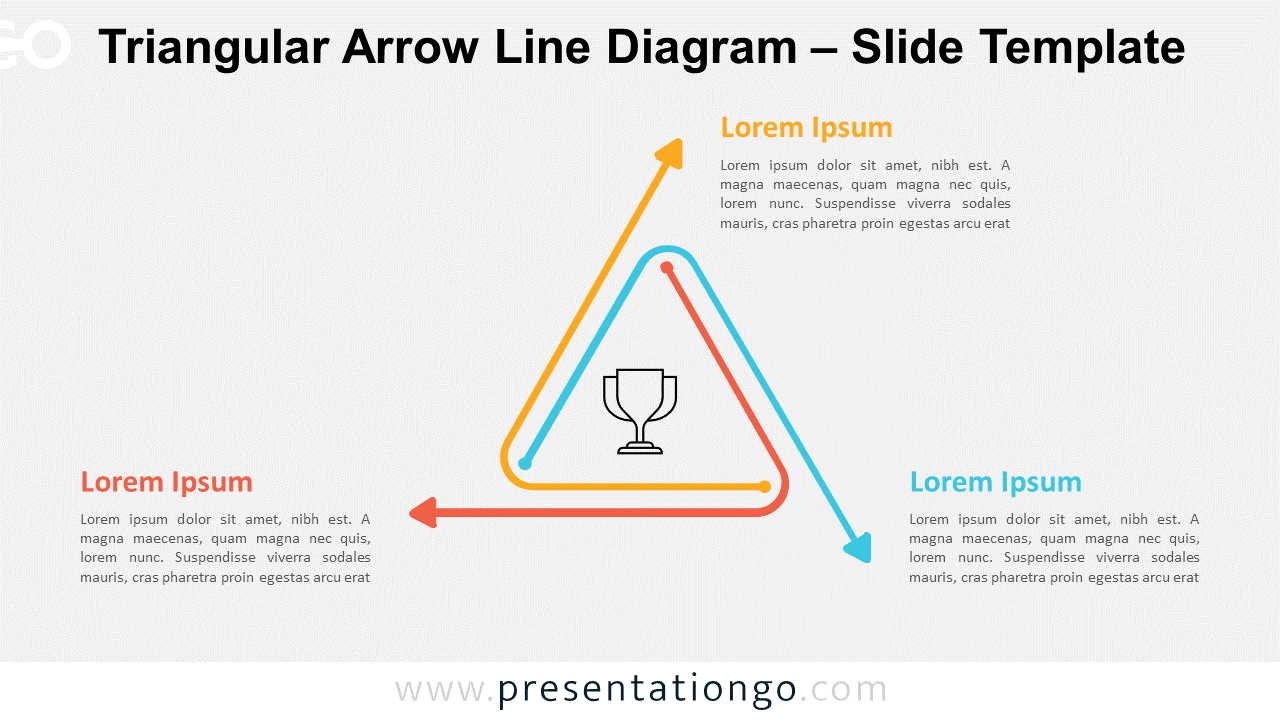 Triangular Arrow Line Diagram template slide with light background for PowerPoint and Google Slides, showing three steps in a cyclical process