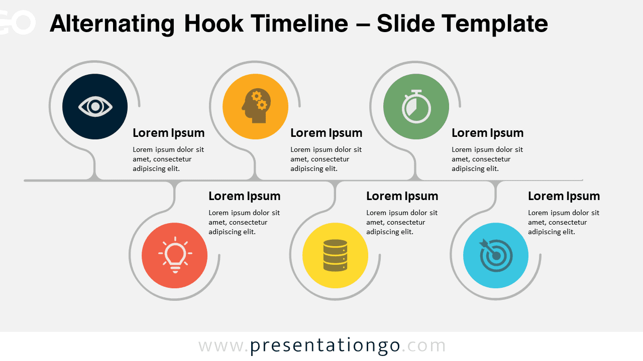 Preview of the Alternating Hook Timeline template slide with a light background for PowerPoint and Google Slides, featuring alternating hooks and nodes.