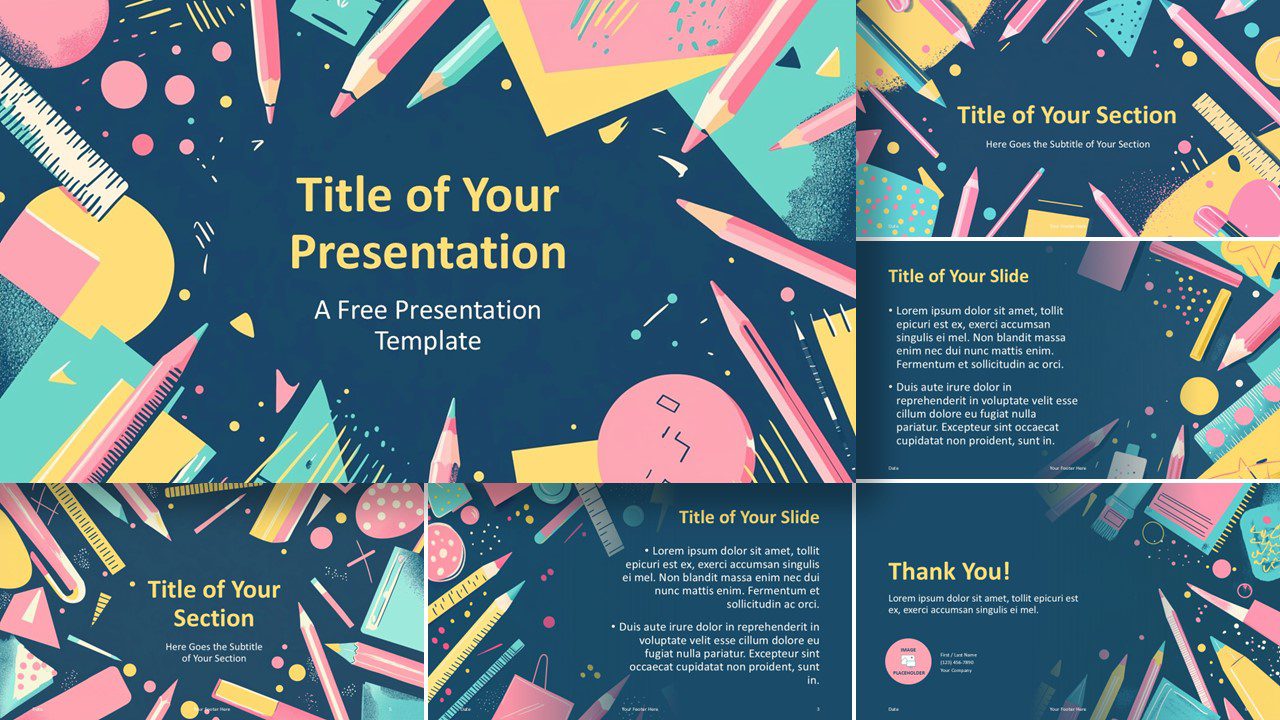 Widescreen preview of the Classroom Essentials Template for PowerPoint & Google Slides, showcasing 6 vibrant slides with pastel-colored school supplies on a dark blue background, perfect for educational use.