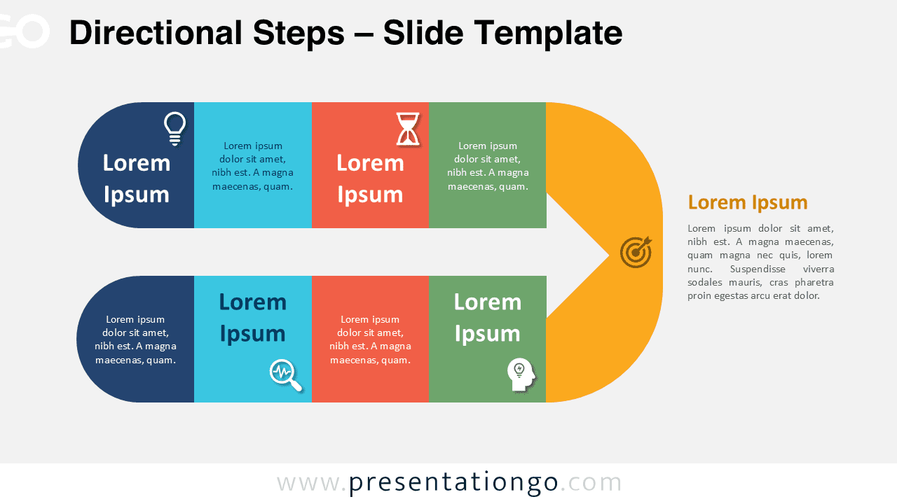 Widescreen preview of the Directional Steps template for PowerPoint and Google Slides, featuring a four-step process diagram with a light background, perfect for illustrating linear workflows.