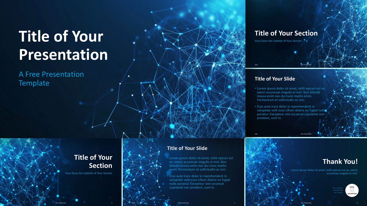 FinTech Network Template for PowerPoint & Google Slides, featuring 6 widescreen slides with a futuristic blue network design, perfect for tech-focused presentations.