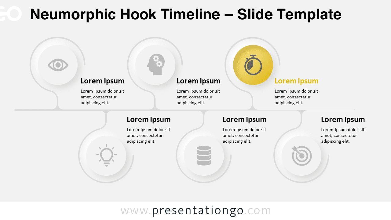 Neumorphic Hook Timeline template for PowerPoint & Google Slides, light background, featuring alternating hooks and milestone icons.