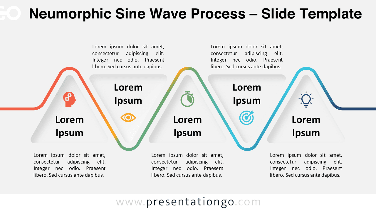 Template slide of the Neumorphic Sine Wave Process with a light background for PowerPoint and Google Slides, showcasing five triangular stages connected by a gradient sine wave