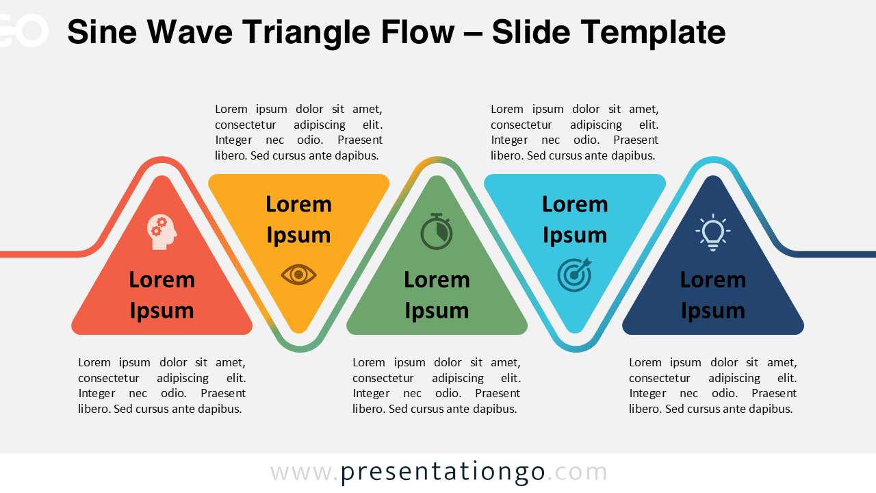 Sine Wave Triangle Flow template slide with a light background for PowerPoint & Google Slides, showcasing a gradient sine wave and colorful triangular stages