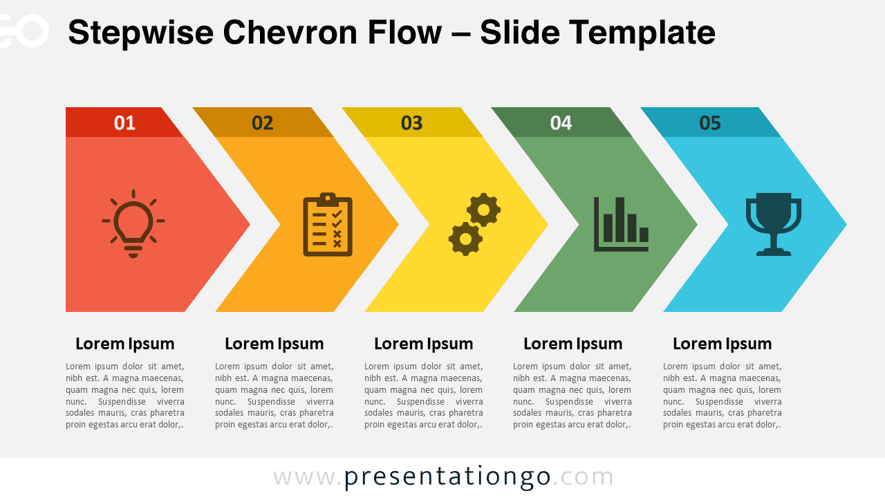 A five-step Chevron Process Diagram template with a light background, perfect for PowerPoint and Google Slides. This diagram highlights sequential steps and is customizable for various presentation needs.