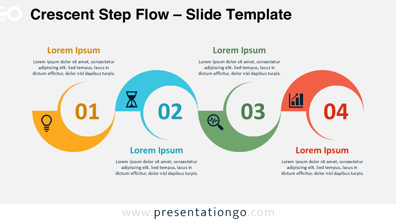 Crescent Step Flow infographic template with a light background, designed for PowerPoint and Google Slides, showcasing four customizable crescent-shaped steps for process flow in presentations.