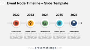 Widescreen preview of the Event Node Timeline template for PowerPoint and Google Slides, design option 1, with a light background. Features five nodes with icons and text placeholders for showcasing key milestones in a linear sequence.