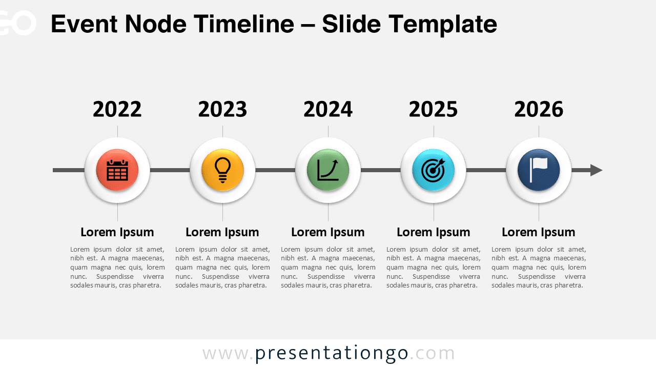 Widescreen preview of the Event Node Timeline template for PowerPoint and Google Slides, design option 1, with a light background. Features five nodes with icons and text placeholders for showcasing key milestones in a linear sequence.