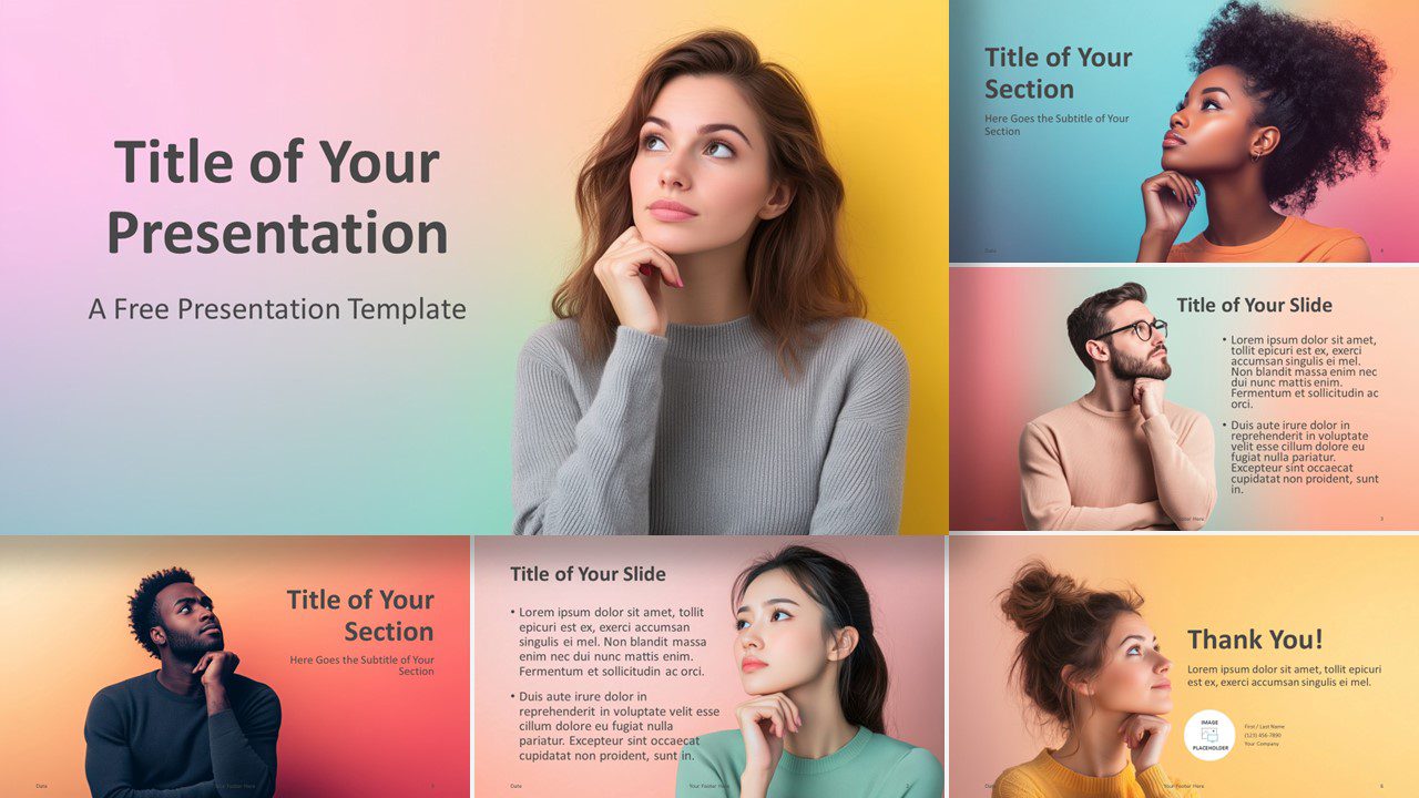 Widescreen preview of the Gradient Thinking Portraits Template for PowerPoint and Google Slides, showcasing reflective portrait designs against gradient backgrounds.