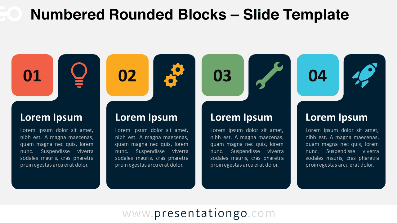 Widescreen version of the Numbered Rounded Blocks template for PowerPoint and Google Slides, design option 1 with a light background, showcasing a four-step process with editable blocks, numbers, and icons.