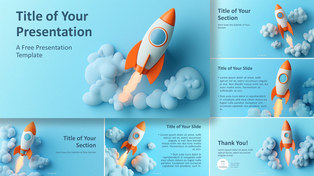 Widescreen version of the Rocket Startup Template, showcasing 6 unique slide designs for PowerPoint and Google Slides with a modern, rocket and cloud theme.