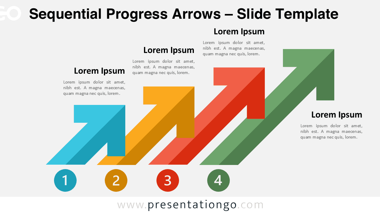 A four-step process diagram with upward-pointing arrows, displayed on a light background, available for both PowerPoint and Google Slides, ideal for illustrating growth or progress.
