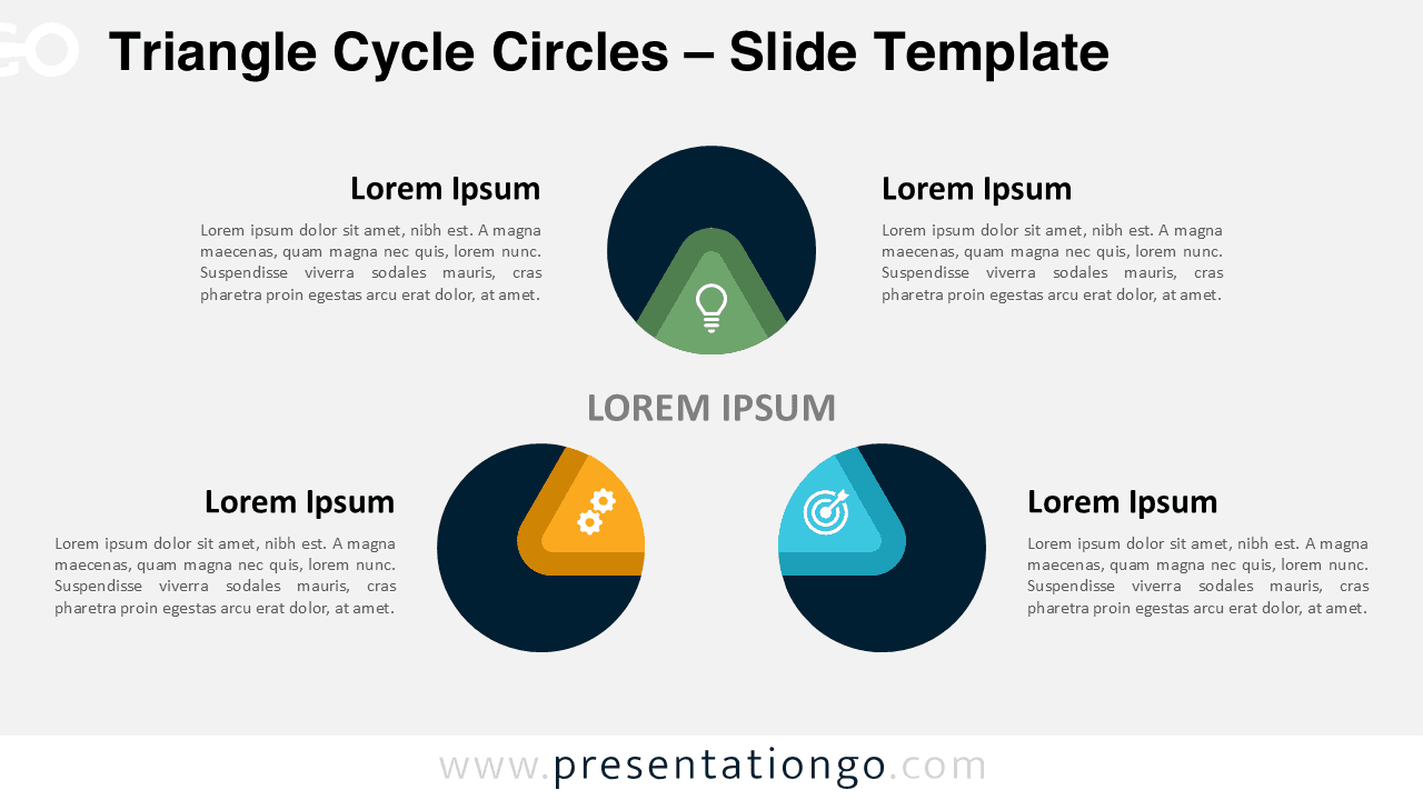Widescreen version of the Triangle Cycle Circles template for PowerPoint and Google Slides with a light background, showing a 3-step radial cycle diagram with colorful triangular shapes inside circles.
