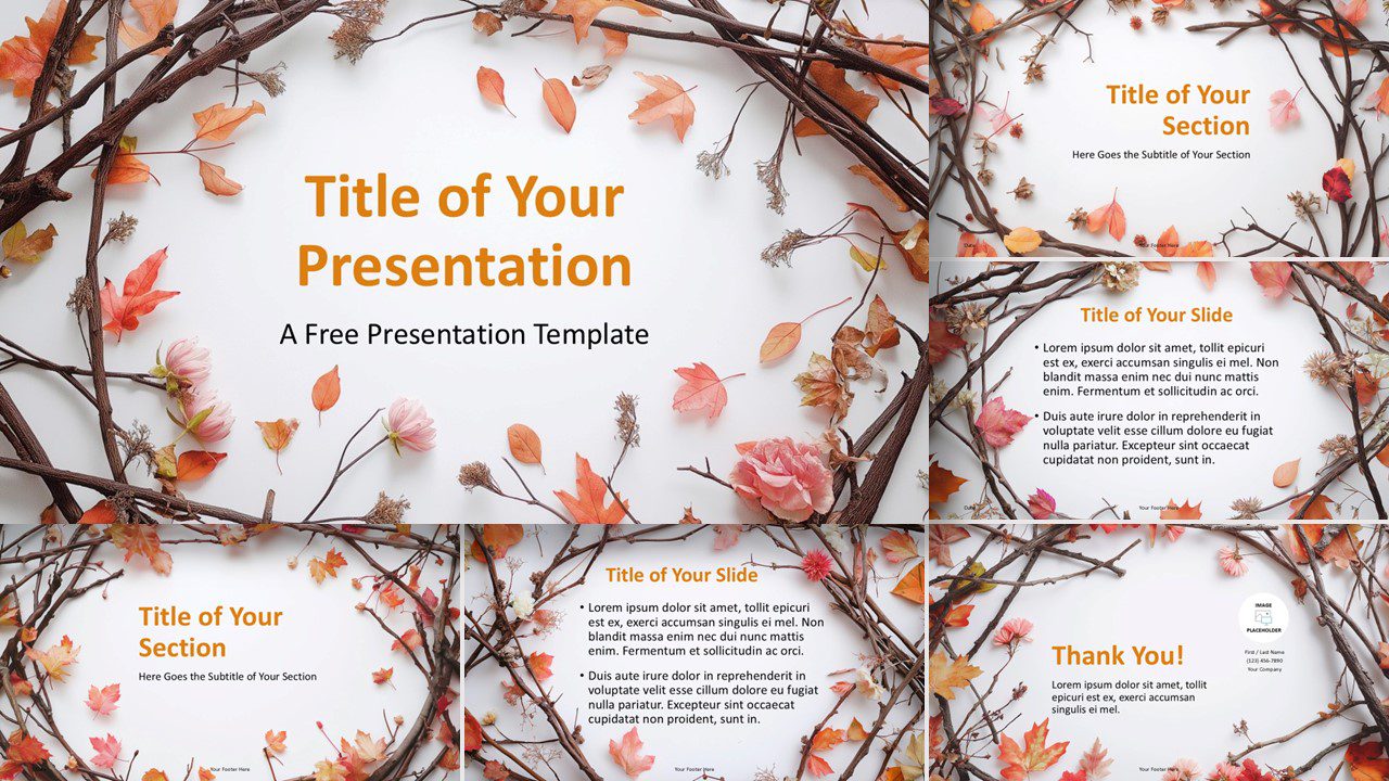 Widescreen preview of the Blossom Fall Frame Template for PowerPoint and Google Slides, showcasing six slides with a cozy, fall-themed design.