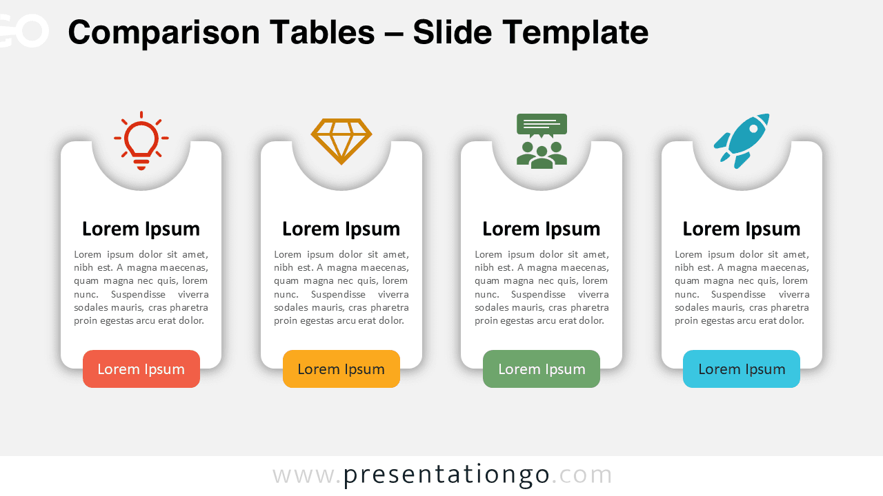 Widescreen version of the Comparison Tables template for PowerPoint and Google Slides with a light background, featuring four comparison blocks and icons.