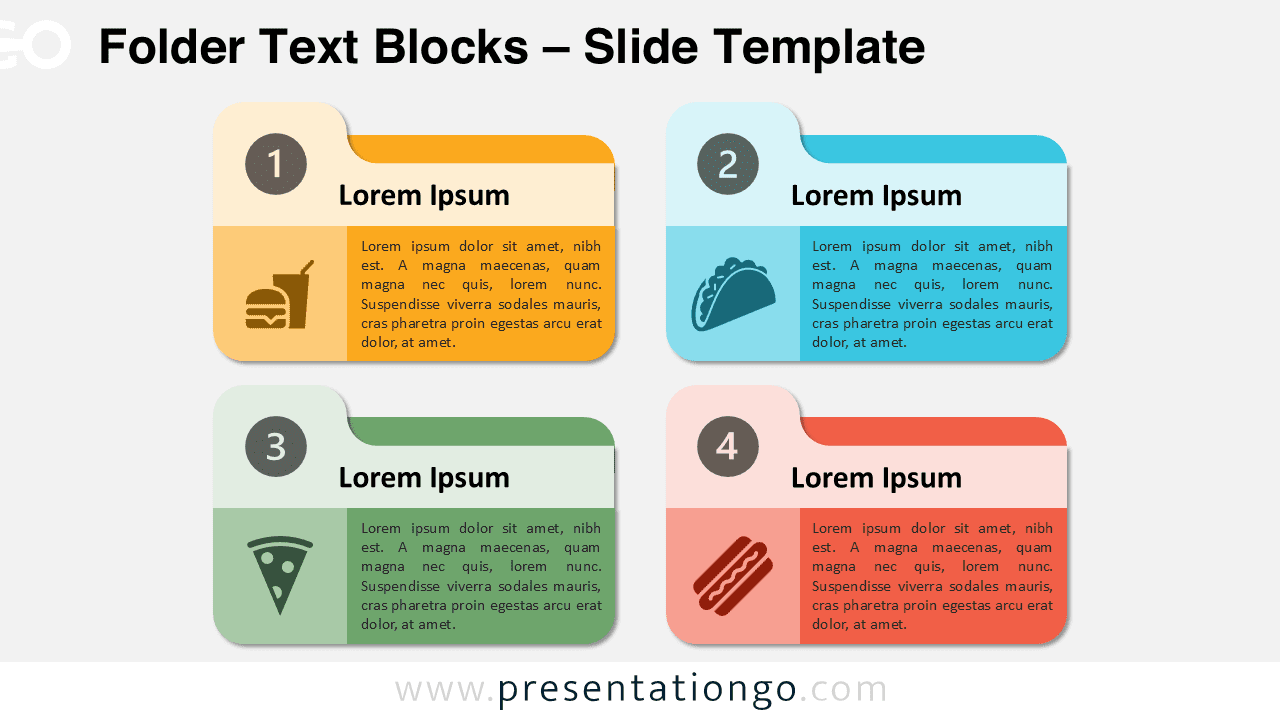 Widescreen version of the Folder Text Blocks template for PowerPoint and Google Slides with a light background, designed for step-by-step comparisons.