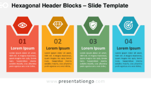 Hexagonal Header Blocks diagram with a light background, illustrating four steps for use in PowerPoint and Google Slides presentations.