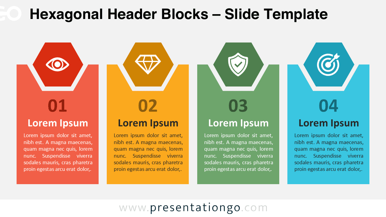 Hexagonal Header Blocks diagram with a light background, illustrating four steps for use in PowerPoint and Google Slides presentations.