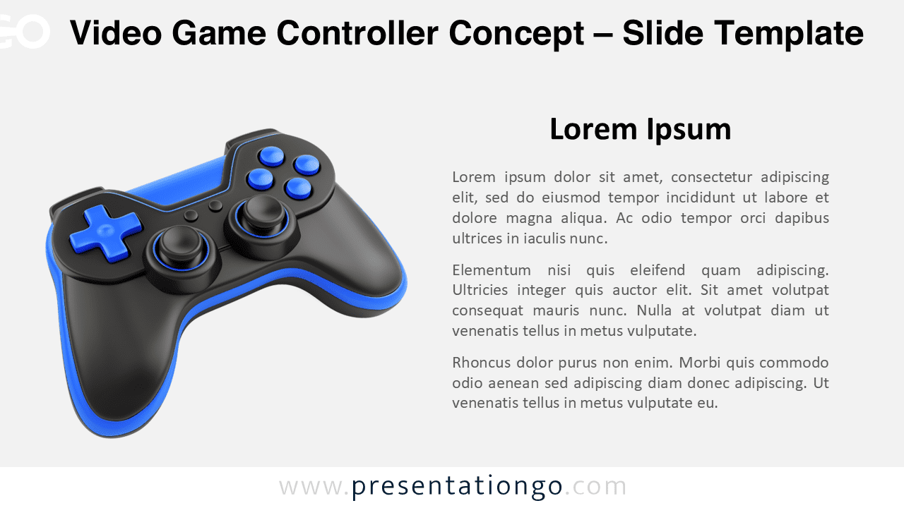 Light background version of the Video Game Controller Concept slide template for PowerPoint & Google Slides, featuring a 3D game controller and placeholder text.