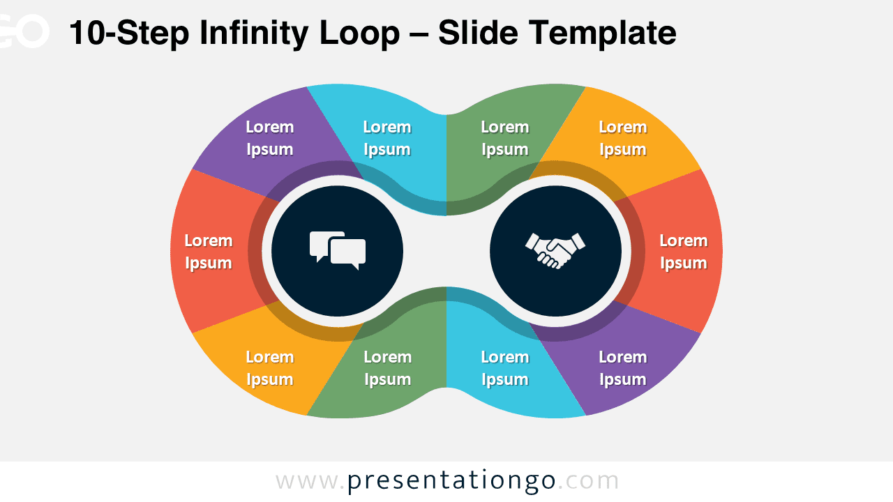 Light background version of the 10-Step Infinity Loop for PowerPoint and Google Slides, highlighting customizable colors and 10 steps.