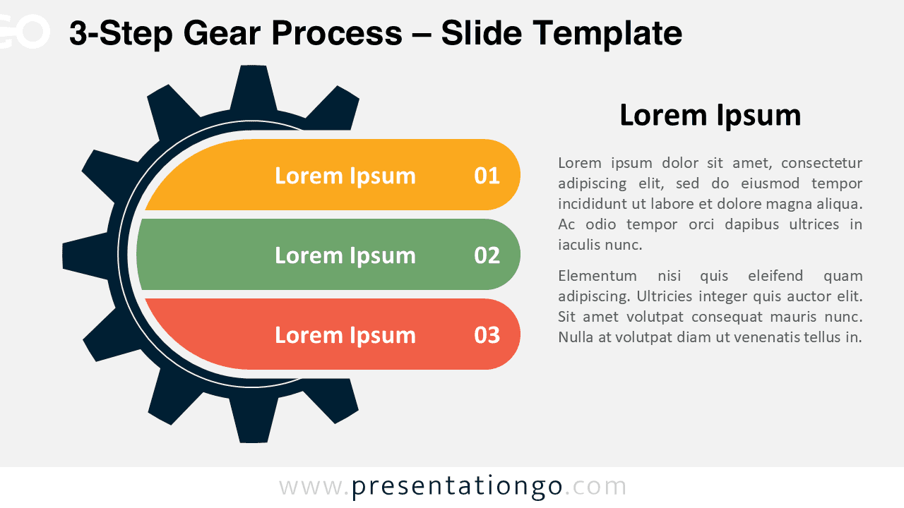 Widescreen preview of the 3-Step Gear Process diagram on a light background, ideal for workflows in PowerPoint and Google Slides.