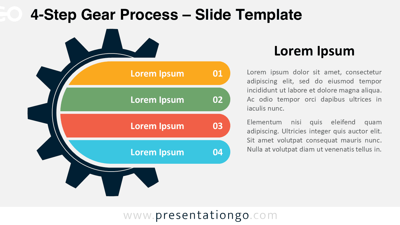 Widescreen preview of the 4-Step Gear Process template on a light background, showcasing four editable steps for professional presentations.