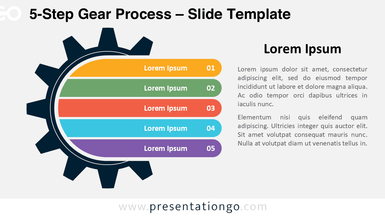Widescreen version of the 5-Step Gear Process template for PowerPoint and Google Slides, designed with a light background for clear workflows.