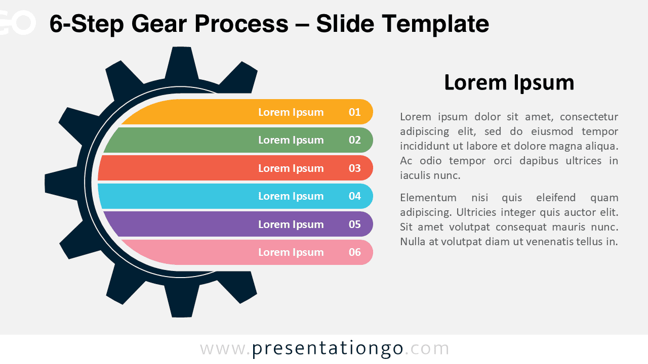 6-Step Gear Process template featuring a light background with customizable workflow steps and placeholders for PowerPoint and Google Slides.