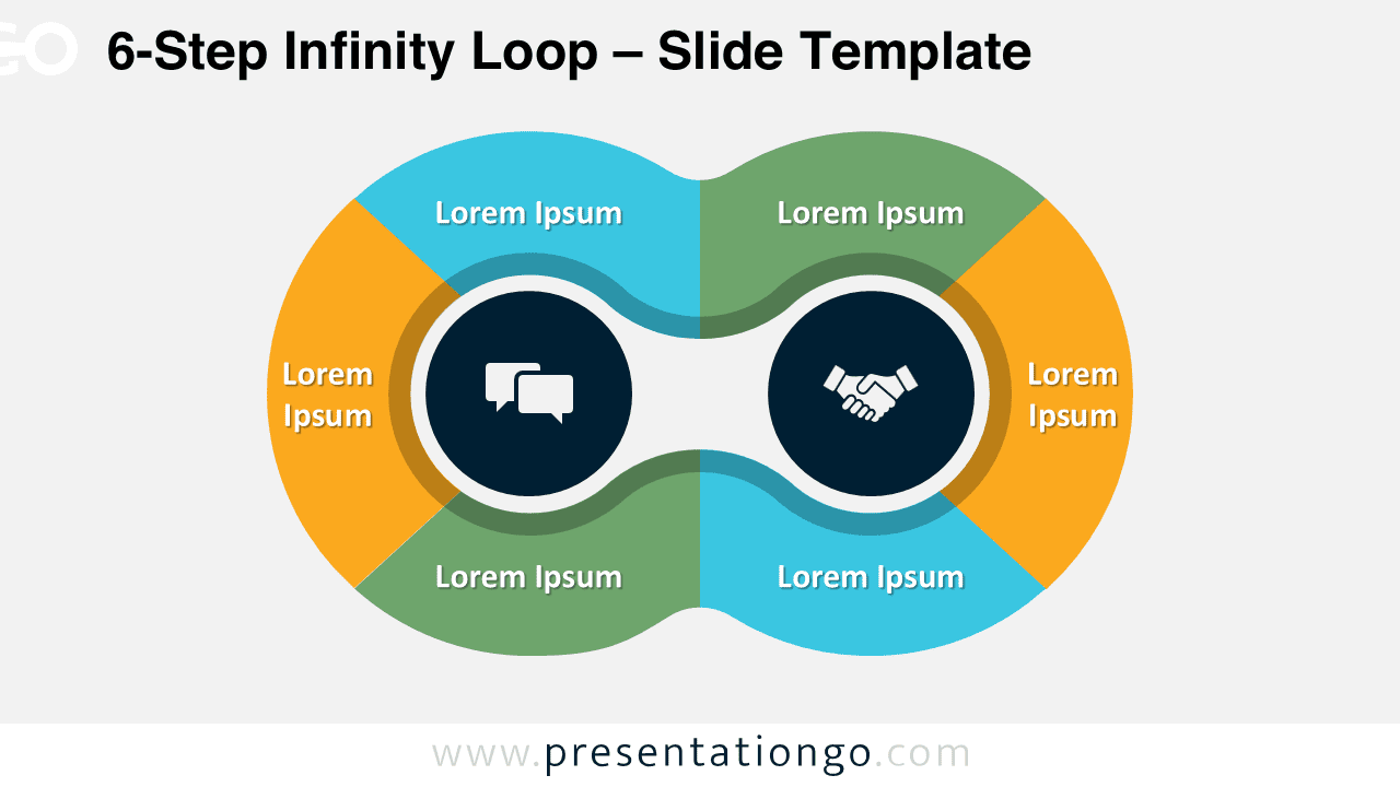 Widescreen view of the 6-Step Infinity Loop template with a light background, perfect for showcasing cyclic relationships in PowerPoint and Google Slides.