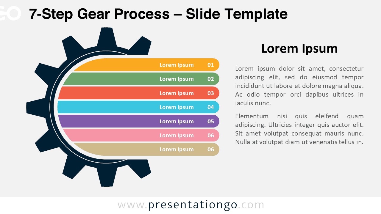 Light background version of the 7-Step Gear Process template for PowerPoint and Google Slides, ideal for workflows and process presentations.