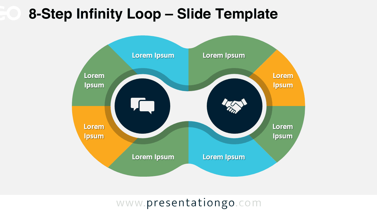 Widescreen preview of the 8-Step Infinity Loop diagram on a light background, showcasing a customizable eight-step circular flow for PowerPoint and Google Slides.
