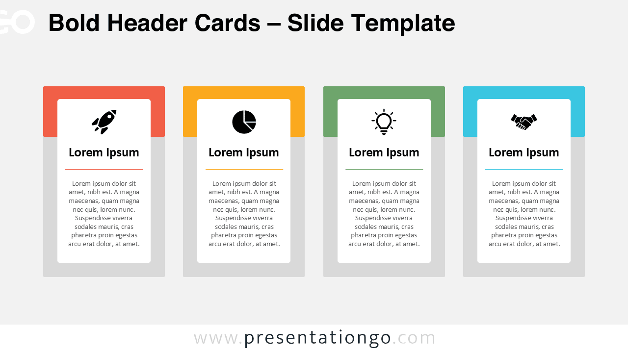 Light background version of the Bold Header Cards template for PowerPoint and Google Slides with color-coded cards and customizable icons.