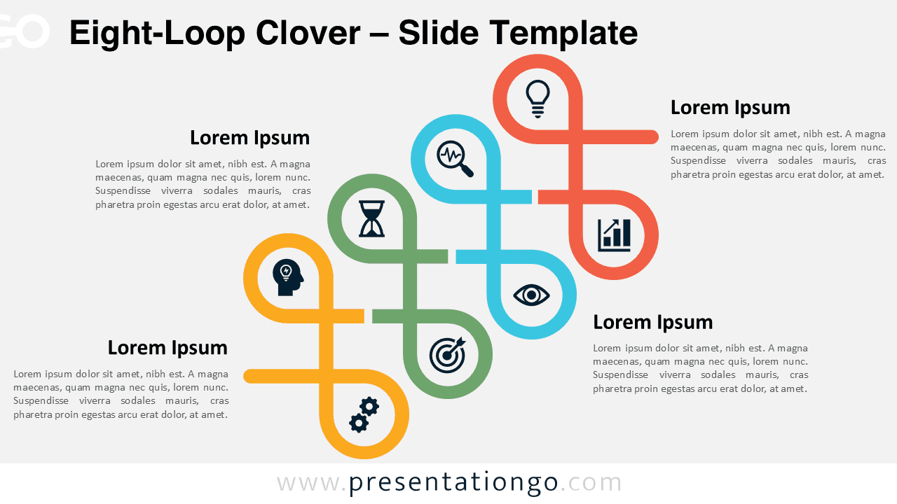 Eight-Loop Clover template in widescreen with light background for PowerPoint and Google Slides, illustrating a connected eight-stage flow.