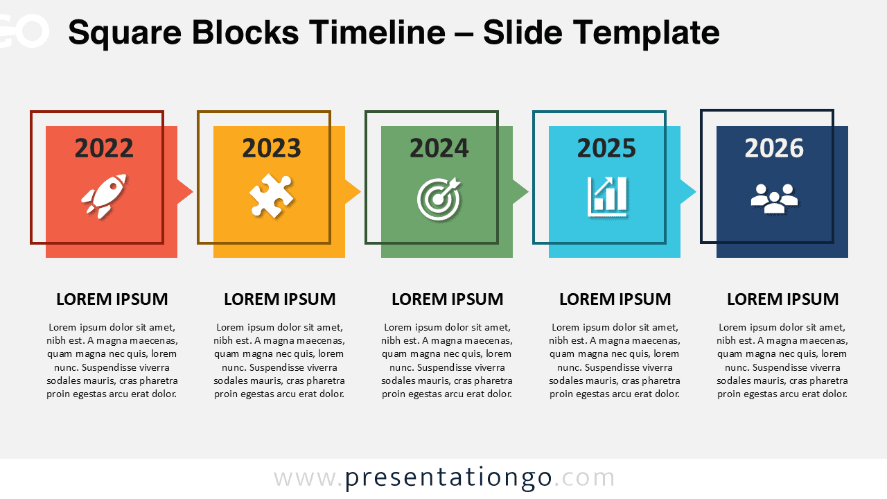 Square Blocks Timeline template with a light background, featuring 5 customizable stages for presenting chronological milestones and evolution.