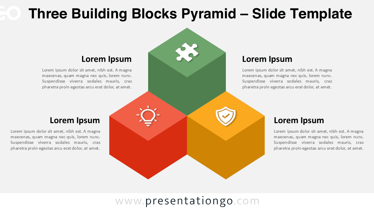 Three Building Blocks Pyramid template in widescreen format with a light background, showcasing a 3D structure ideal for PowerPoint and Google Slides.