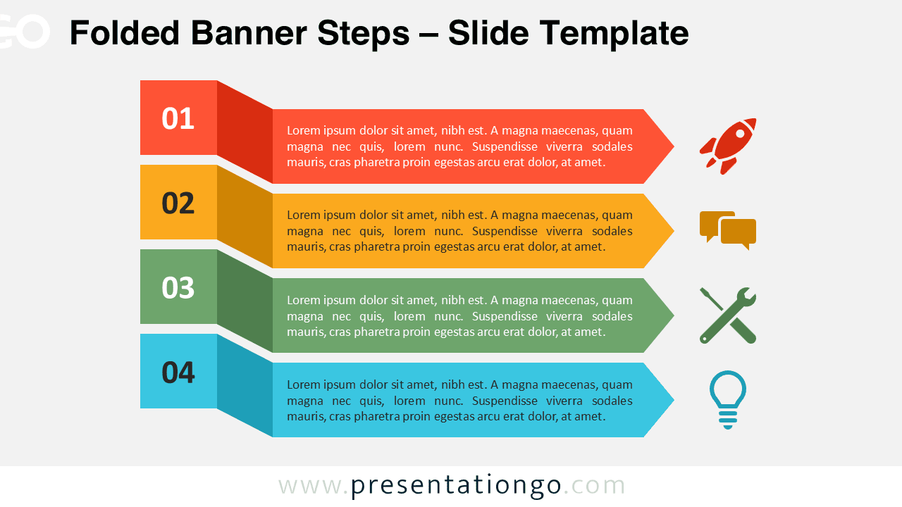 Widescreen view of the Folded Banner Steps template for PowerPoint and Google Slides, showcasing vibrant arrows on a light background.